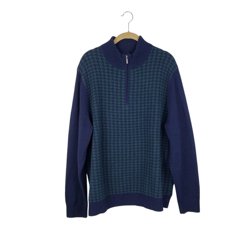 Brooks Brothers Merino Wool Blend Quarter Zip Sweater Blue Houndstooth Mens XL